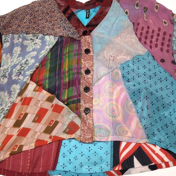 Sacred Threads Sheer Shirt Womens M Patchwork Artsy Boho Button Front Rayon Top - Picture 7 of 11